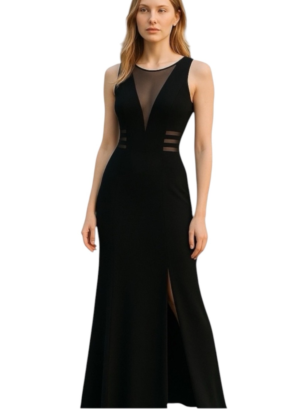 Morgan & Co Black Sheer Mesh Cut Outs Maxi Dress Size 7 Event Occasion